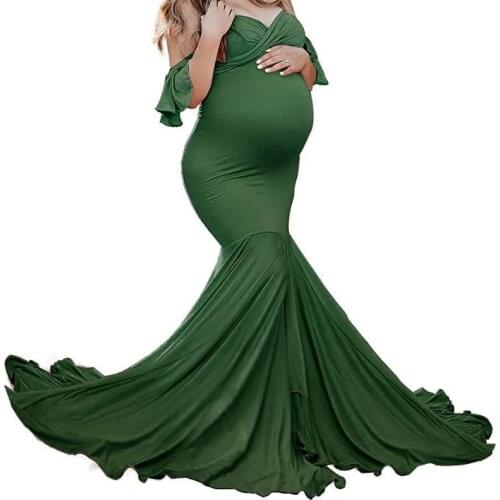 Womens Mercerized Dress Cotton Maternity Ruffled Sleeve Cross V-neck Tail-length Dress Pink Party Pregnancy Dress White Green