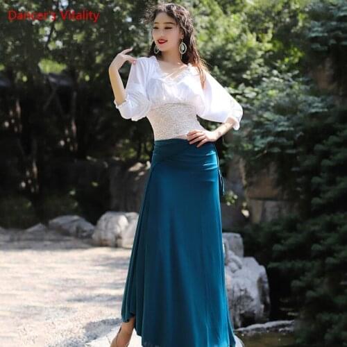 Belly Dance Suit Lace V-neck Top Split Long Skirt Practice Clothes Set Female Adult Autumn And Winter Performance Clothing