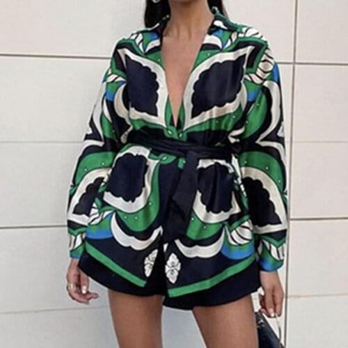 Women Loose Autumn Suit Plant Printed Ladies Shirt Wide Leg Shorts Turn-Down Collar Belt High Waist Drawstring Shorts Streetwear