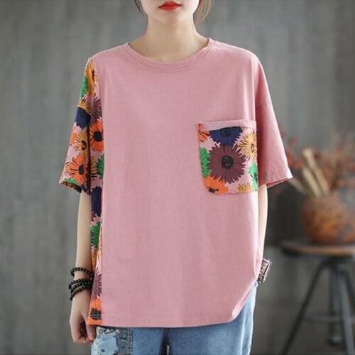 Pure Cotton Short-sleeved Womens Top 2021 Summer New Stitching T-shirt Womens Loose Plus Size Half-sleeved Outer Wear Tshirts