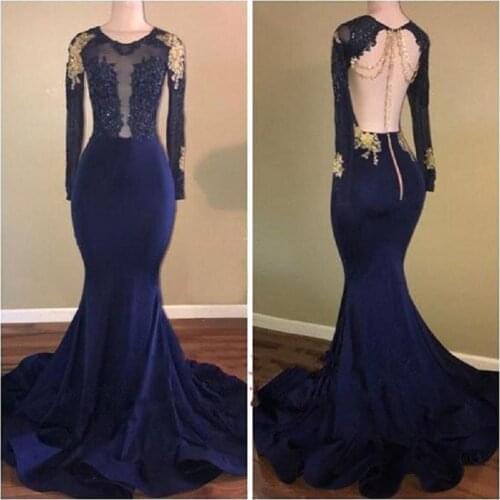 Sexy Navy Blue Mermaid Evening Dresses 2021 robe de soiree Applique Lace Prom Dress Sheer Long Sleeve Formal Women Party Dress