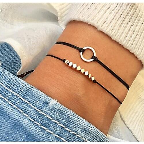 2Pcs/Set Boho hand made Bracelet Sets Circle Cutout Rice Beads Adjustable Bracelet Set for Women Vintage Jewelry