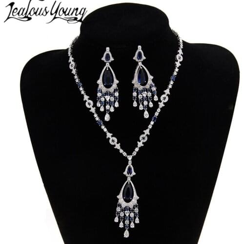 2017 Luxury Blue Stone Jewelry Sets For Women Pendant Necklace Bracelet Jewelry Sets Clear Crystal Juwelen Sets For Girl AS012