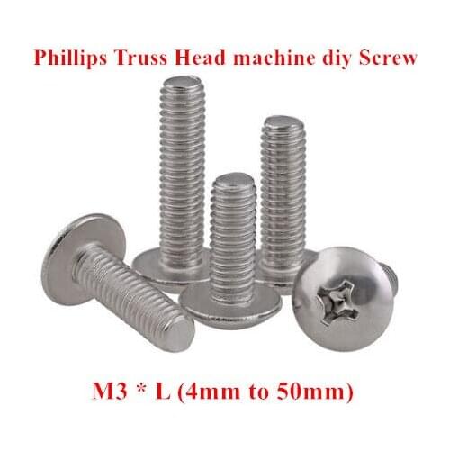 50pc TM M3*4/5/6/8/10/12/16/20/25/30mm Phillips Truss Head Machine DIY Screws 304 Stainless steel Large Pan Mushroom Screw Bolt