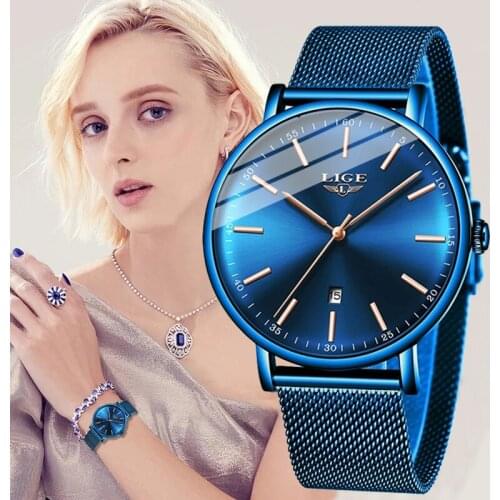 LIGE Top Brand Luxury Womens Watches Waterproof Watch Fashion Ladies Stainless Steel Ultra-Thin Casual Wristwatch Quartz Clock