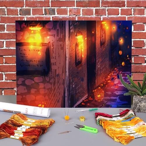 Scenery Magic Street Printed Fabric 11CT Cross Stitch Embroidery Full Kit DMC Threads Handiwork Handmade Handicraft Counted