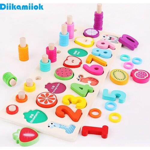 Kids Multifunction Number Board Math Toy Fruit Shape Matching Game Puzzle Children Montessori Learning Educational Wooden Toys