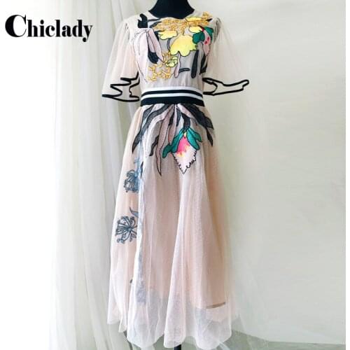 CHICLADY Fashion 2021 Summer New WomenS Vintage Streetwear Girls Flower Embroidery Patchwork Lace Vintage Elegant Midi Dress