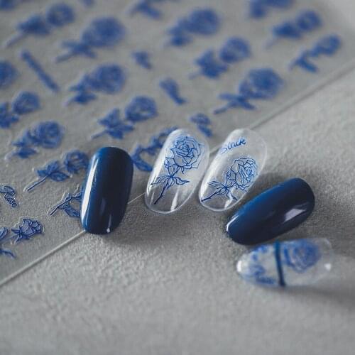 Klein Blue Rose Flowers 3D Adhesive Nail Art Stickers 5D Soft Embossed Reliefs Nail Decoration Decals Wholesale Drop Shipping
