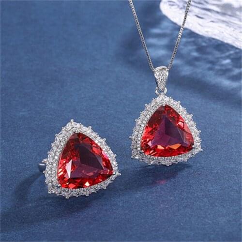 QTT Natural Red Ring Necklace Set 925 Sterling Silver Wedding Gift Set Triangle Gemstone Jewelry Set For Women