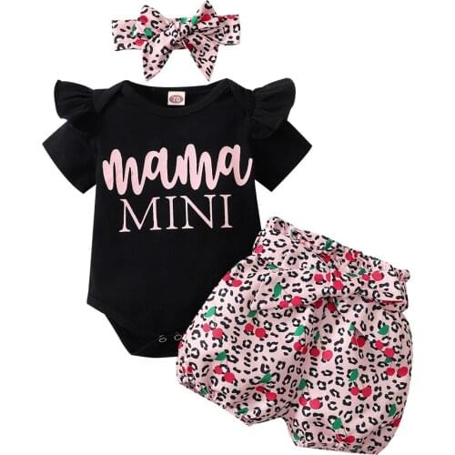 Clothing Set For Newborn 2021 Summer Letter Print Short Sleeve Romper Leopard Print Shorts Bow Headband Baby Girl Clothes 0-18M
