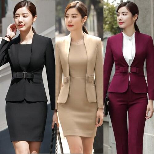 HOT Wine Black Female Elegant Womans Office Blazer Dress Jacket Suit Ladies Work Wear 2 Piece Sets Costumes Business Dresses
