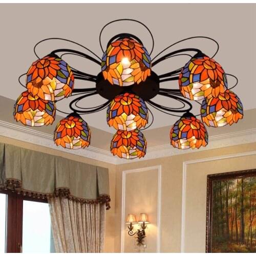 European-Style Creative Tiffany Colored Glass Living Room Dining Room Bedroom Multi-Head Ceiling Light American Blue