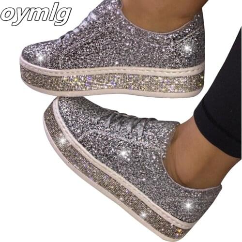 2020 Women Vulcanize Shoes Sneakers Sliver Bling Shoes Girl Flat Glitter Sneakers Casual Female Breathable Lace Up Sport Shoes