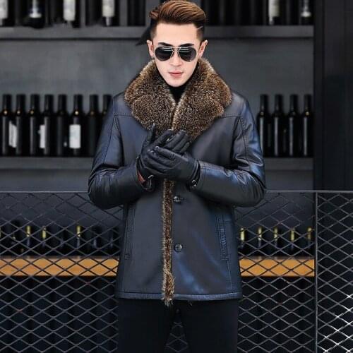 Genuine Leather Jacket Real Wool Liner Men Sheepskin Coat Racoon Fur Collar Chaqueta Cuero Hombre DXL1609 KJ1164