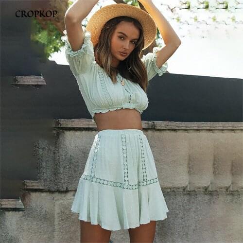 Summer Two Piece Set Women Skirt Sexy Puff Sleeve Off Shoulder Crop Top Casual Fashion Mini Skirt White Boho Beach Suit 2021