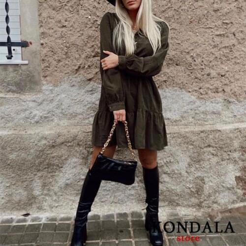 KONDALA Za 2020 Women Fashion Cotton Loose Ruffles Mini Shirt Dress Long Sleeve Elegant Button Solid Mujer Chic Vestidos