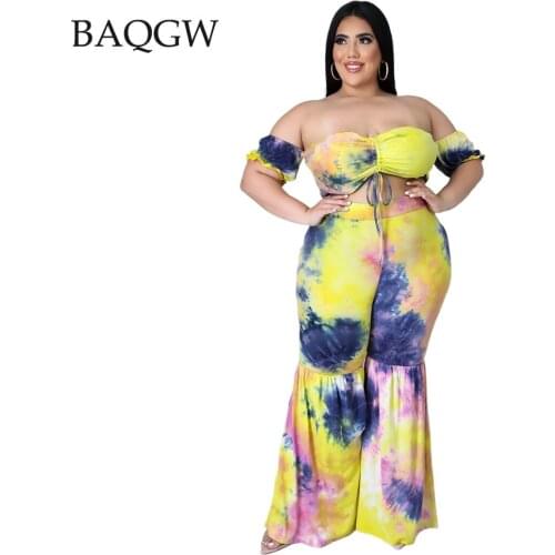 Tie Dye Print Fahion High Waist Pleated Flared Pants Two Piece Set Sexy Off Shoulder Drawstring Top Outfits Beachwear Plus Size