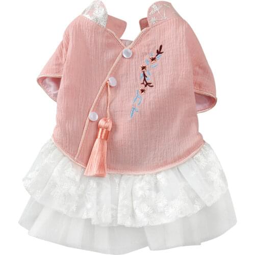 Pet Dog Clothes Dress Chinese Style Hanfu Spring Summer Fluffy Dress Cotton Sweety Embroidery Princess Dress For Teddy Small Dog