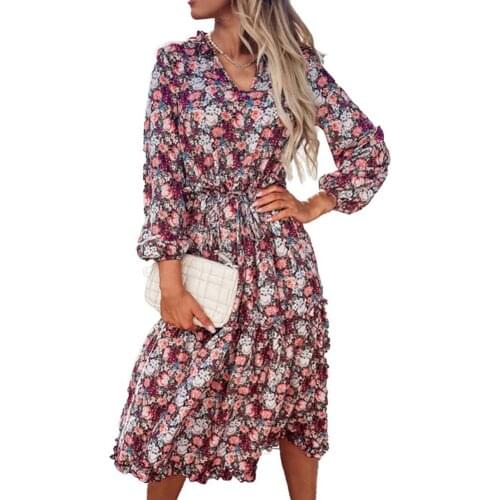 Bohemian Women Dress Oversized Floral Print Long Sleeve Summer Sexy V Neck Large Hem Casual Dress платье летнее женское2021