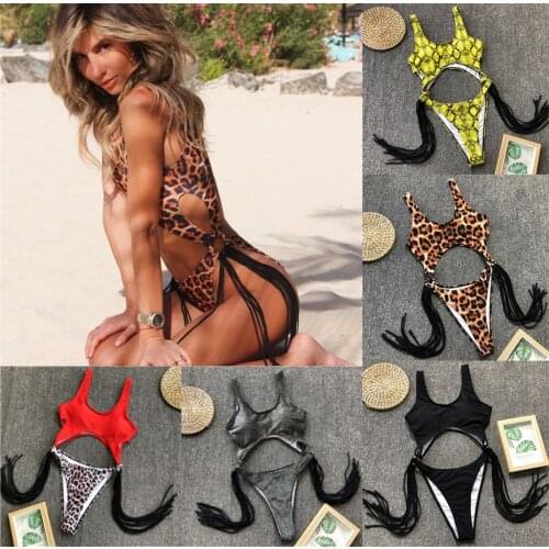 Sexy Leopard One Piece Swimsuit 2019 High Cut Swimwear Women String Monokini Padded Tassel Bathing Suit New Bodysuit Bikini Set