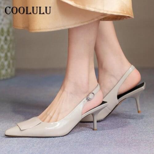 COOLULU High Heels Natural Genuine Leather Slingbacks Shoes Woman Pointed Toe Thin Heel Pumps Buckle Dress Footwear Ladies Beige
