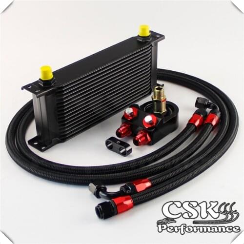 Universal 16 Row 248mm AN8 Engine Transmission Oil Cooler British Type + Aluminum Filter Adapter Kit Black/Blue