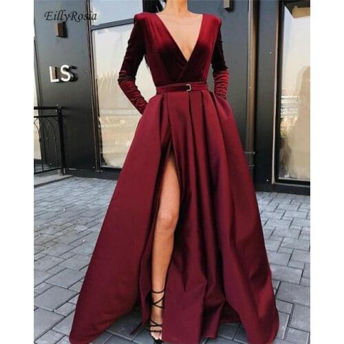 Burgundy Evening Dress for Prom Night Velvet Satin High Split A Line V Neck Evening Gown with Long Sleeves la robe de soire