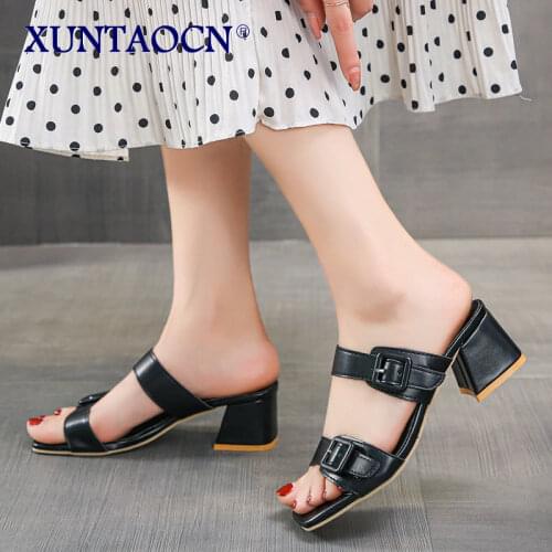 Fashion Buckle Square Heels Slippers Women 2021 New Summer Open Toe Sandals Woman Black White Lady Shoes Plus Size 35-45