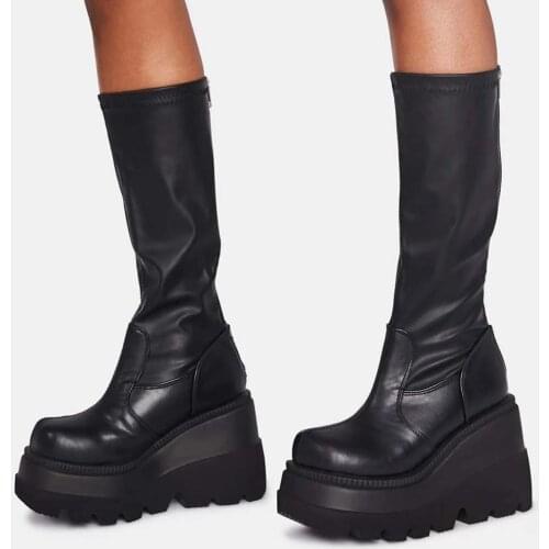 2020 New Ladies High Platform Boots Fashion Zip High Heels Boots Women Wedges Shoes Woman Casual Boots Heels Plus Size 35-43
