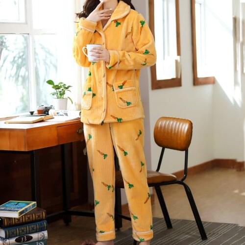Womens pajamas sets autumn and winter new coral fleece suit feather print pajamas cute ladies home wear pants suits sleepwear