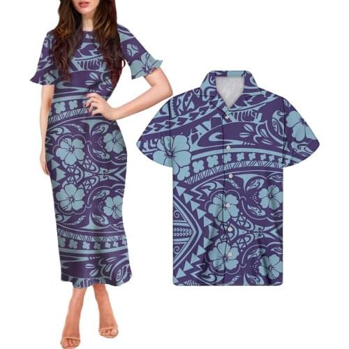 HYCOOL DropShippping Couples Matching Clothes Party Royal Blue Polynesian Hibiscus Print Butterfly Sleeve Women Long Dress 2021