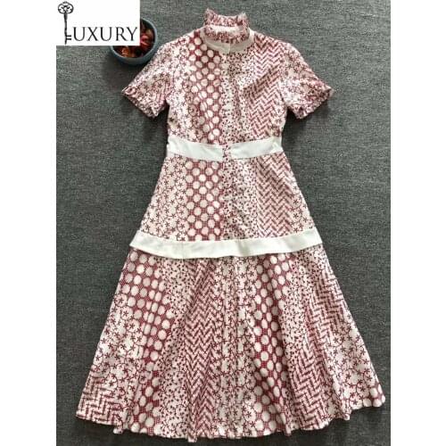 Quality Cotton 2020 Top Spring Summer Women Beautiful Flower Patterns Tunic Buttons Short Sleeve Mid-Calf Length Dress