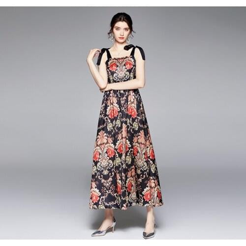 Femme 2021 Newest Summer Sexy Dress Fashion Runway Sleeveless Colorful Dots And Floral Print Elgant Party Bow Long Dresses