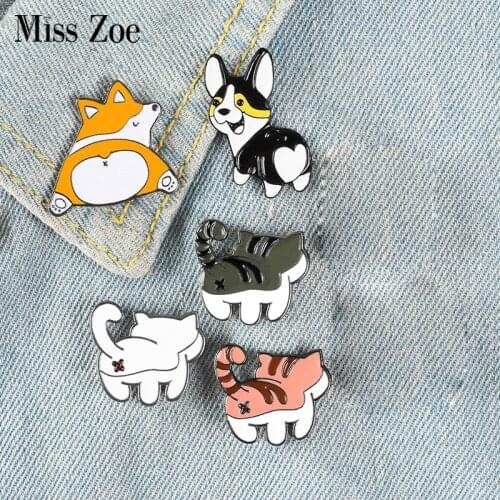 Funny Puppy Kitten Butt Enamel Pins Cartoon Corgi Dogs Cats Brooches Bag Clothes Lapel Pin Custom Badges Gift for Kids Girl