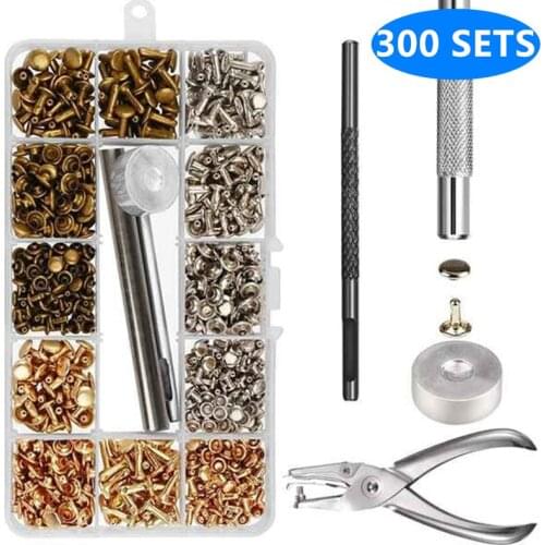 300 Sets Leather Rivets Double Cap Rivet Tubular Metal Studs with Punch Pliers Fixing Set Tools for DIY Leather Craft Rivets Rep
