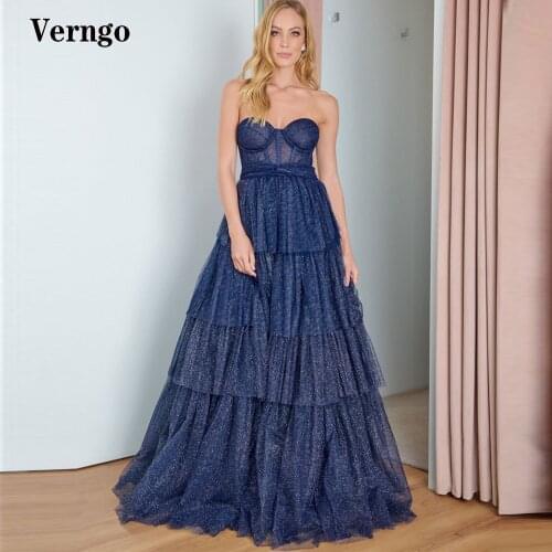 Verngo Glittler A Line Navy Blue Evening Dresses Sweetheart Corset Tiered Long Prom Gowns Women 2021 Special Occasion Dress