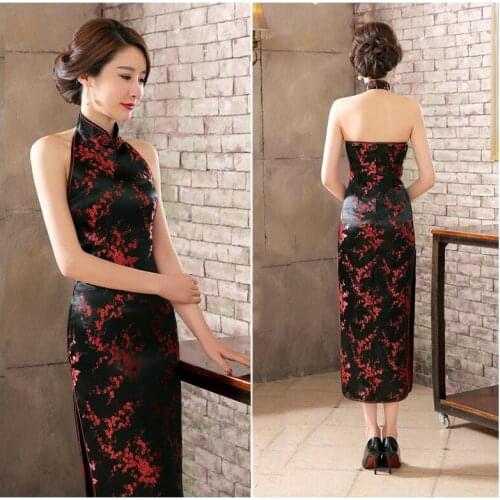 Black Long Cheongsam Traditional Chinese Style Womens Backless Costume Dress New Satin Slim Qipao Vestido Size S M L XL XXL XXXL