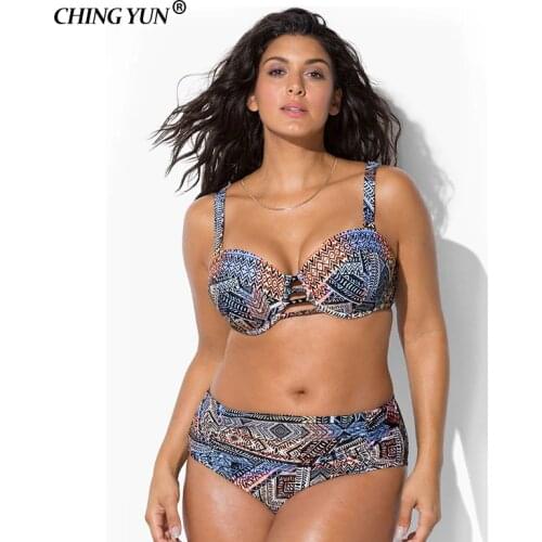 CHINGYUN Plus size push up bikini high waist vintage print swimsuit large size swimwear bikinis set retro print swimwear women