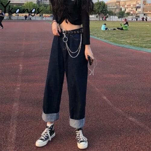 With Chain Belt Jeans Women Loose High Street Pockets Punk Goth Cargo Jeans Korean Style Vintage Gothic Solid Denim Pants Female