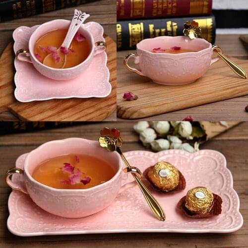 European style gold butterfly embossed flower double ear bowl pink dessert sugar water bowl cereal milk soup cup breakfast bird