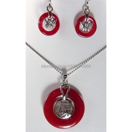 Hot sale FREE SHIP>>>>>Beautiful gold plate red STONE pendant necklace earrings set