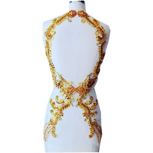 Pure hand made sew on golden Rhinestones applique on mesh crystals patches 69*17X2 for dress DIY dress accessory