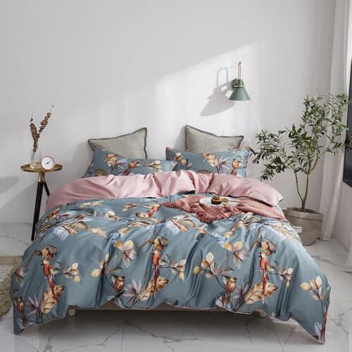 Blue Egyptian Cotton Bedding set King Queen size Floral Leaves Bird Bedding sets Super Soft Bed sheet set Duvet cover