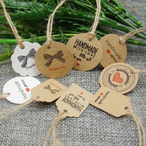 Pretty favors kraft/white paper handmade with love gift tag happy birthday hang tag 100pcs +100pcs hemp string for favors tag