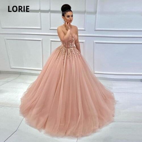 LORIE Baby Pink Crystals Evening Dresses Ball Gown Sweetheart Beaded Rhinestones Prom Gown Tulle Formal Girl Party Dress