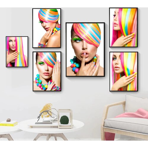 Nordic Salon Fashion Makeup Printing Poster Colorful Hair Girl Portrait Canvas Oil Painting Wall Art Modern Hair Salon Decor