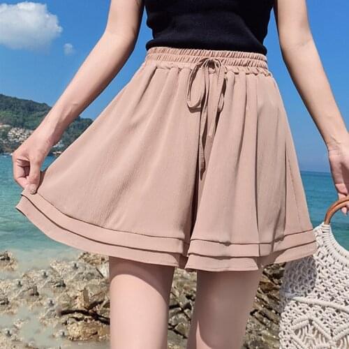 2021 Summer Chiffon Shorts For WomenDouble Layer High Waist Wide Leg Shorts Casual Loose Skirt Shorts Korean Ladies