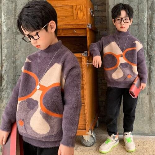New Cartoon Dog Design Sweater Pure Winter Boy Girl Kid Thick Knitted Turtleneck Shirts Solid High Collar Pullover Fluff Sweater