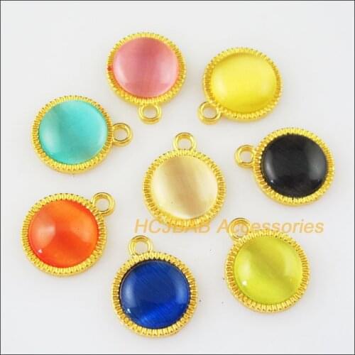 16 New Flower Round Charms Mixed Cat Eye Stone Pendants Gold Color 12.5x15mm